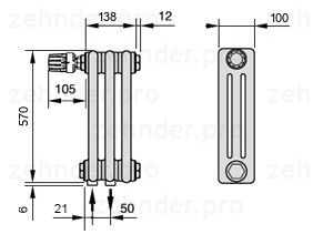 Схема (чертеж) Радиатор Zehnder Charleston 3057/3 №V001 Technoline TL